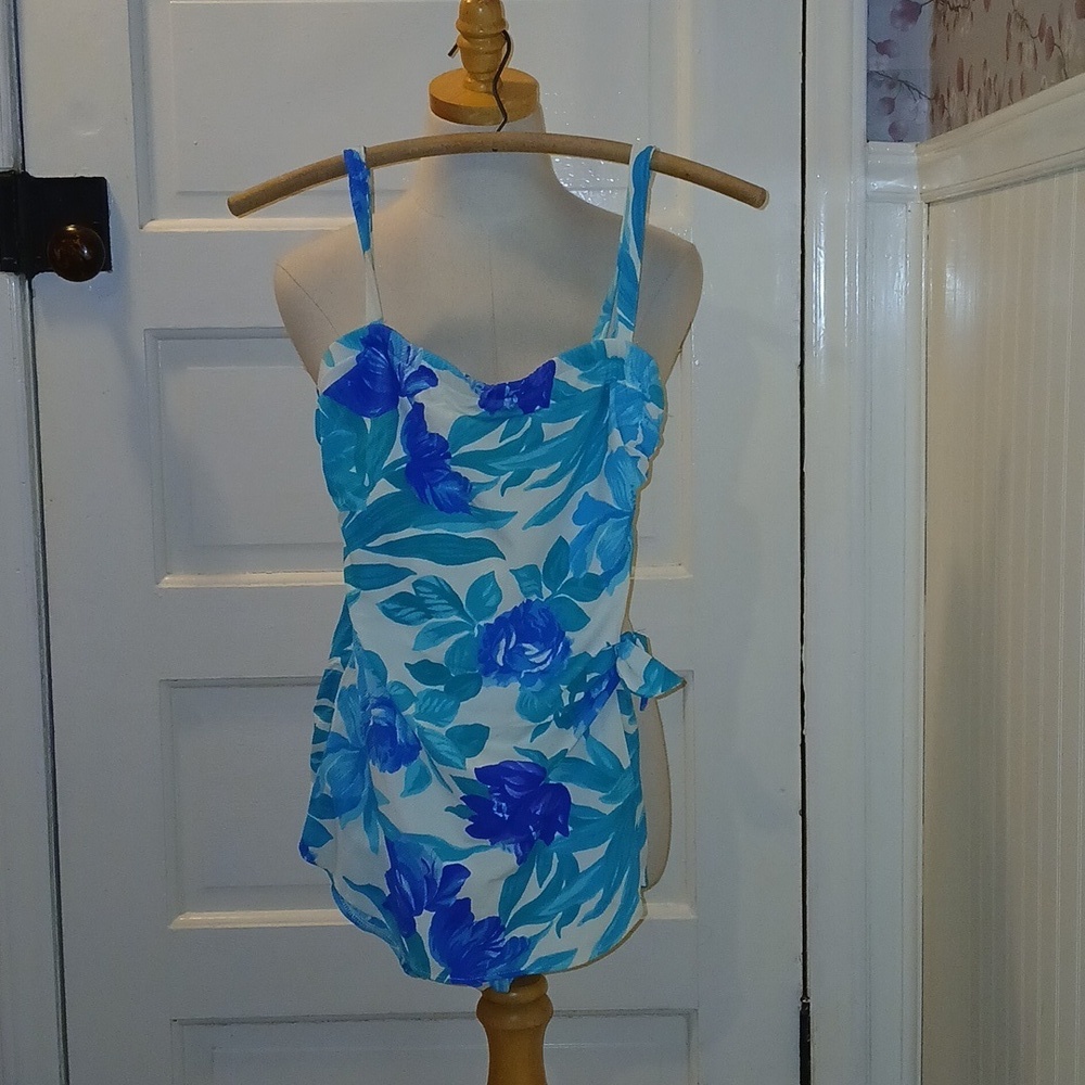 Vintage Garber Blue and White Women's Swim Bathing Suit One Piece Retro